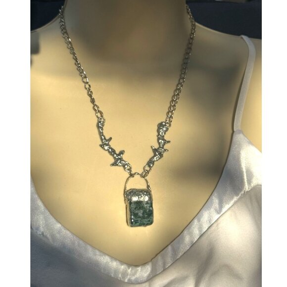 Natural Free Form Moss Agate Artisan Pendant W/ Boho Metalwork Thorn Necklace - Picture 3 of 12
